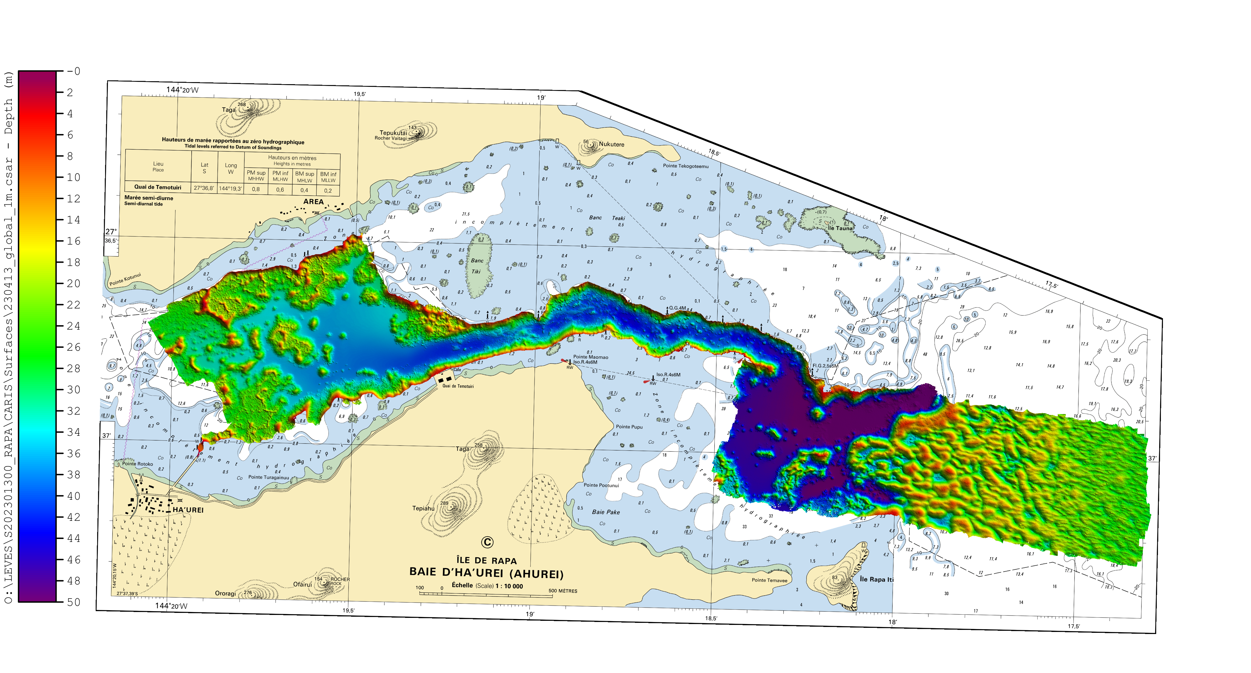 nouvelle carte marine bathymétrique de la baie et du chenal d'accès au quai de Temotuiri