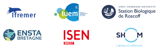 Logo des partenaires du projet : Ifremer, IUEM, Station biologique de Roscoff, Ensta Bretagne, ISEN Brest et Shom